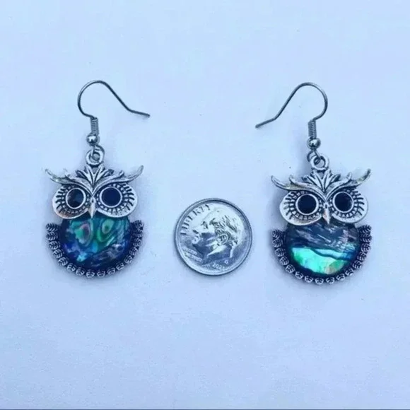 Owl Bird Earrings Real Abalone Tibetan Silver Drop Earrings NWT - Picture 2 of 2